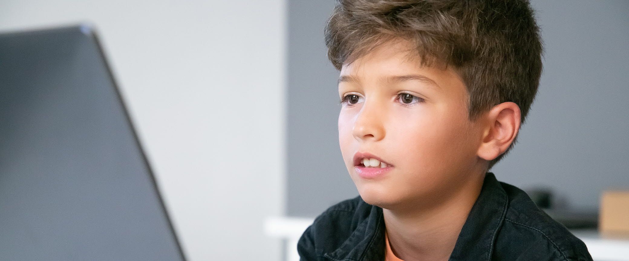 A boy reading off a laptop computer